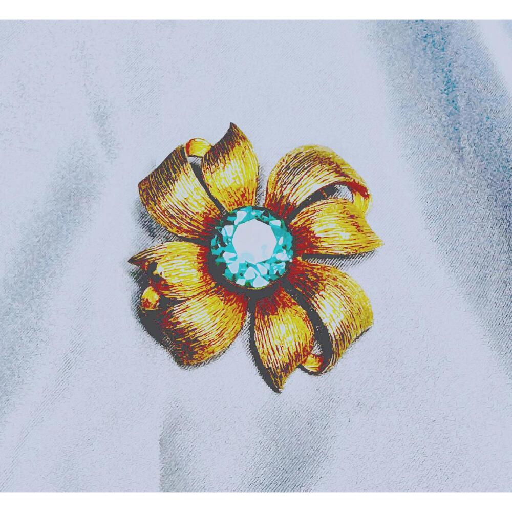 Dodd's Brushed Gold Tone Floral Bow w/ Center Aqua Blue Glass Rhinestone Brooch